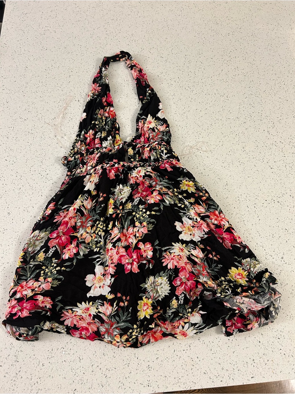 Black Floral Halter Dress with Pink & Yellow Blooms